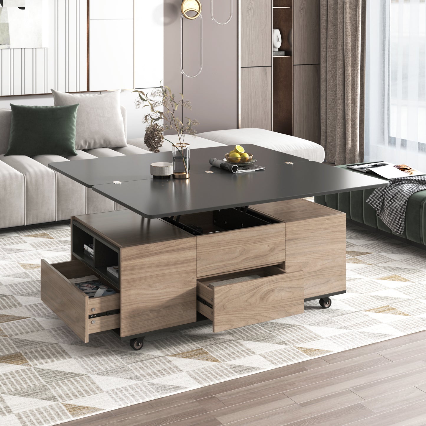 Modern Lift Top Coffee Table Multi Functional Table with 3 Drawers in Walnut & Black