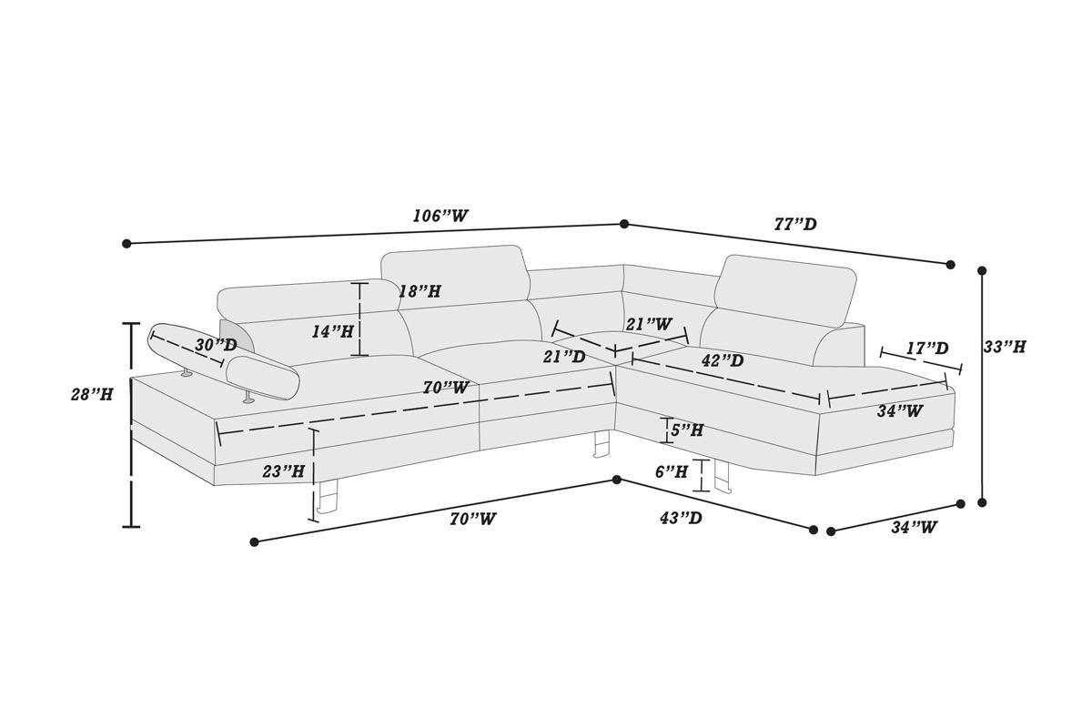 White Color Sectional Living Room Furniture Faux Leather Adjustable Headrest Right Facing Chaise & Left Facing Sofa