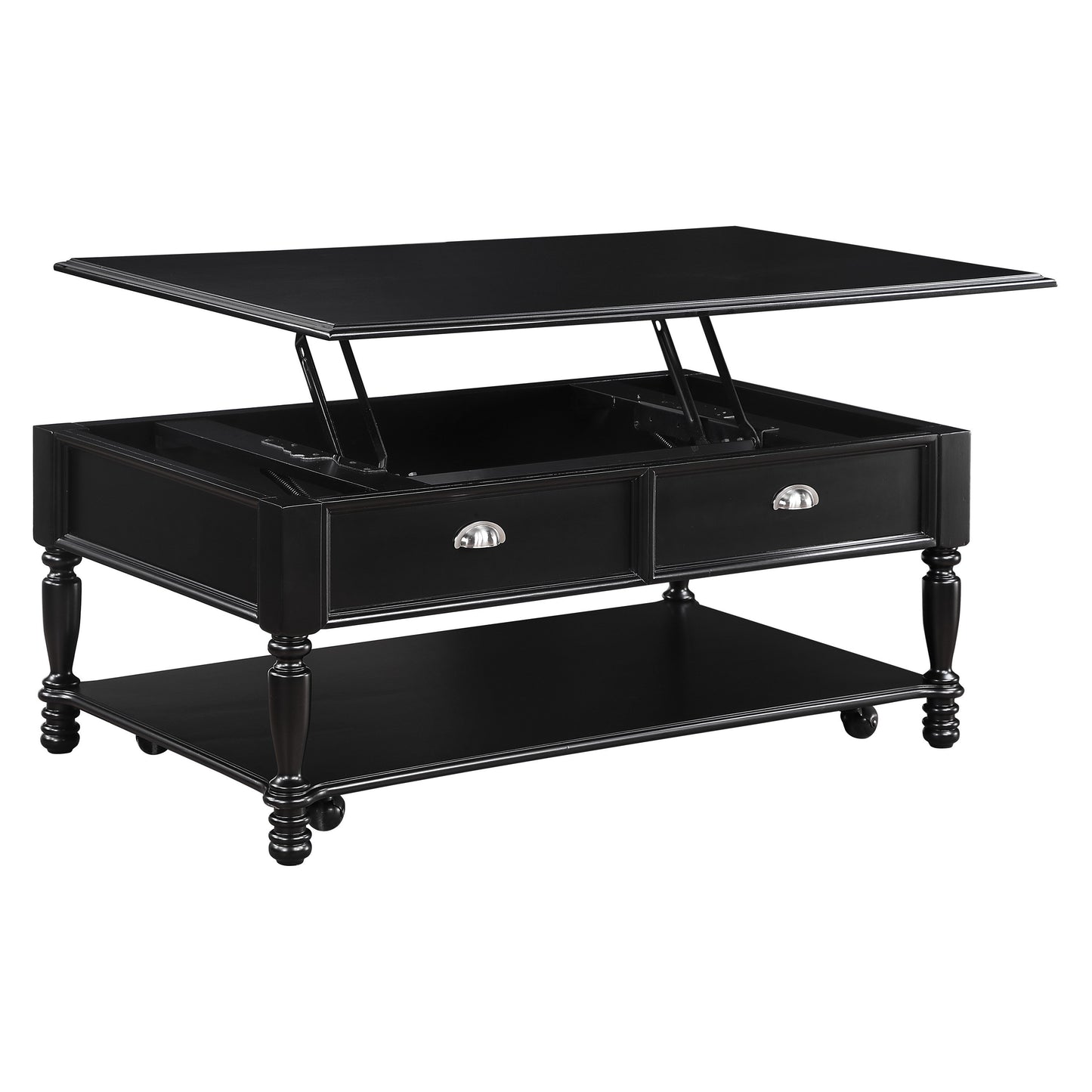 Classic Design Black Finish Lift Top Cocktail Table with Casters Bottom Shelf Wooden Traditional Living Room Furniture