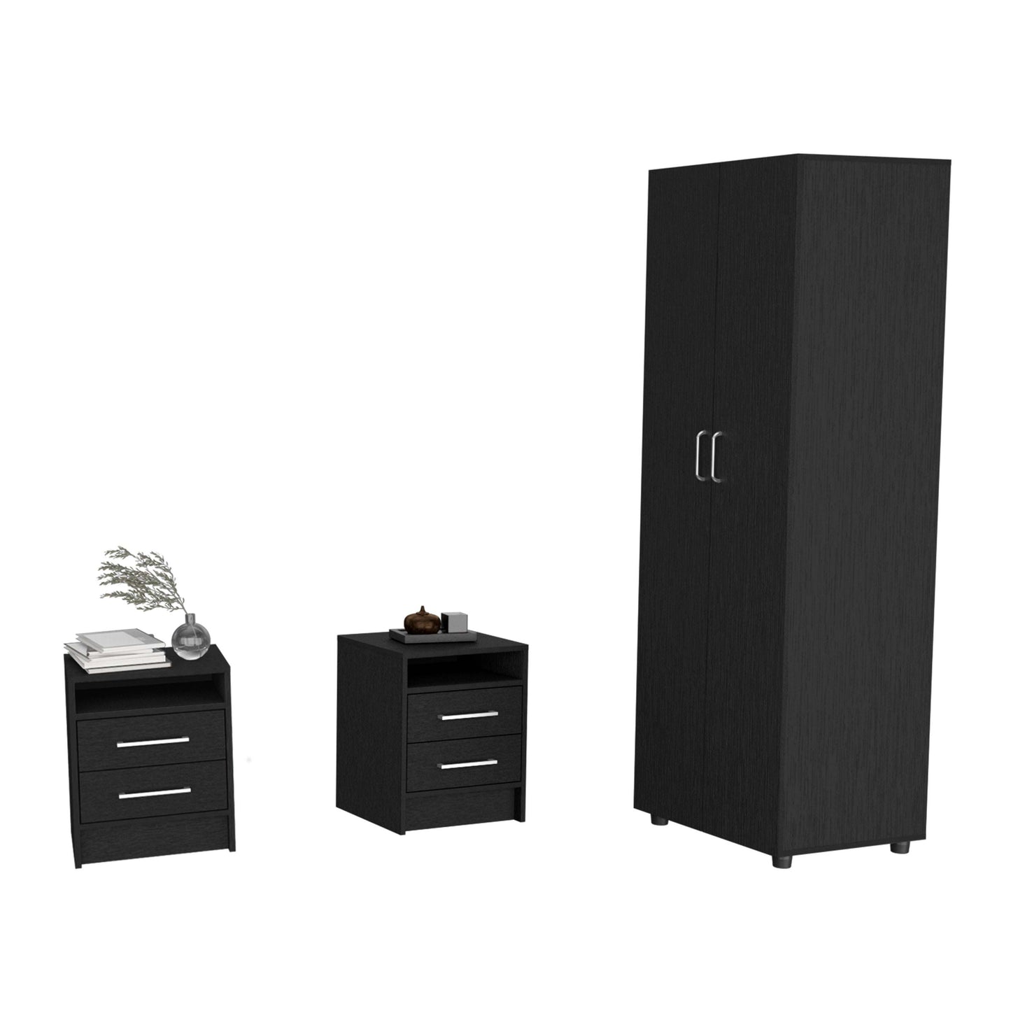 Dunlap 3 Piece Bedroom Set, London Armoire + 2 Leyva Nightstands, Black