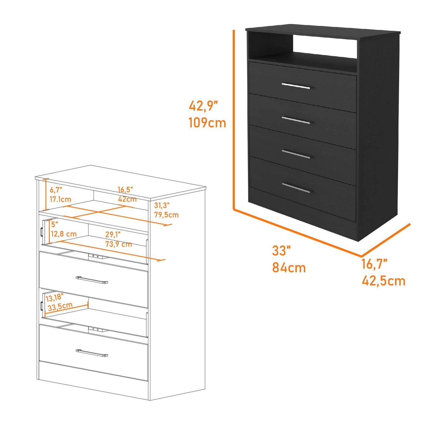 Paxon 2 Piece Bedroom Set, London Armoire + Egeo 5 Drawer Dresser, Black / Light Oak