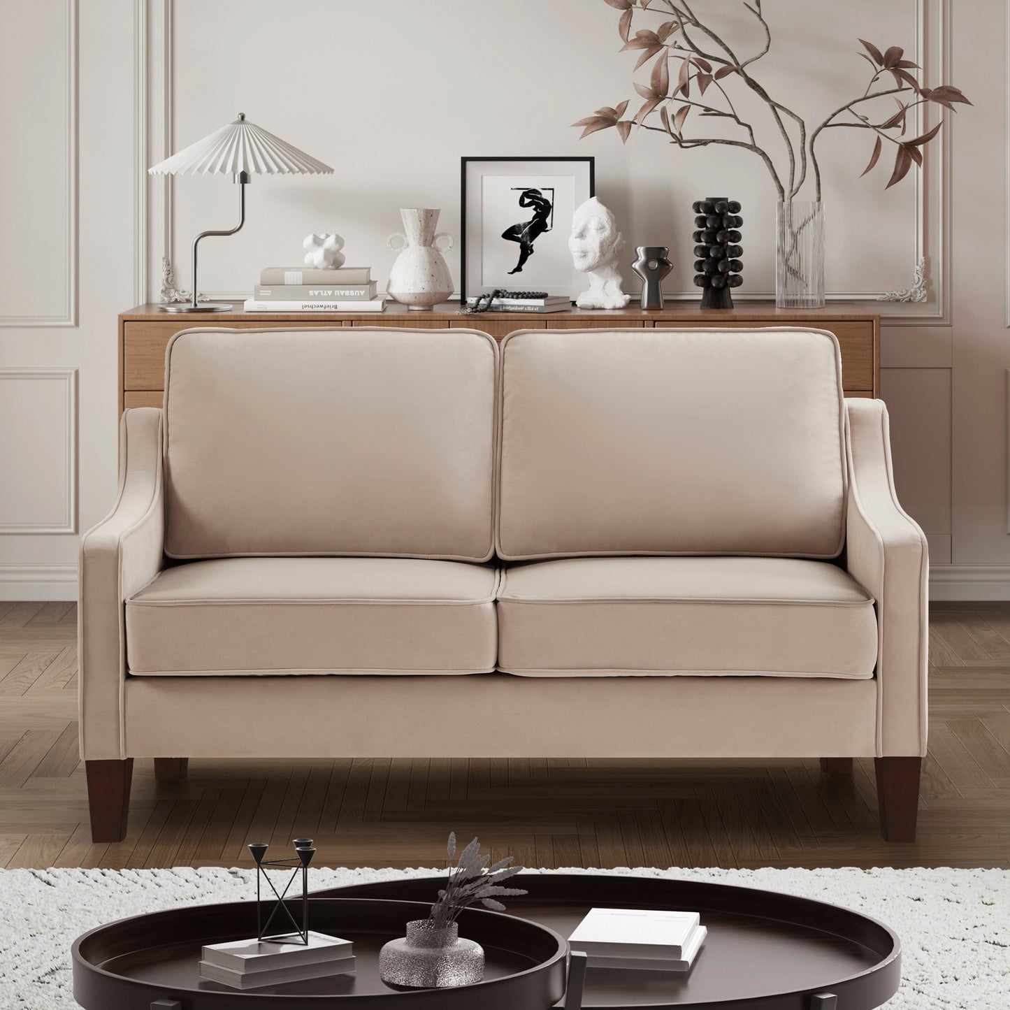 Modern Loveseat sofa for Living Room, Upholstered Velvet Small Couch with Wooden Legs for Livingroom Bedroom, Taupe