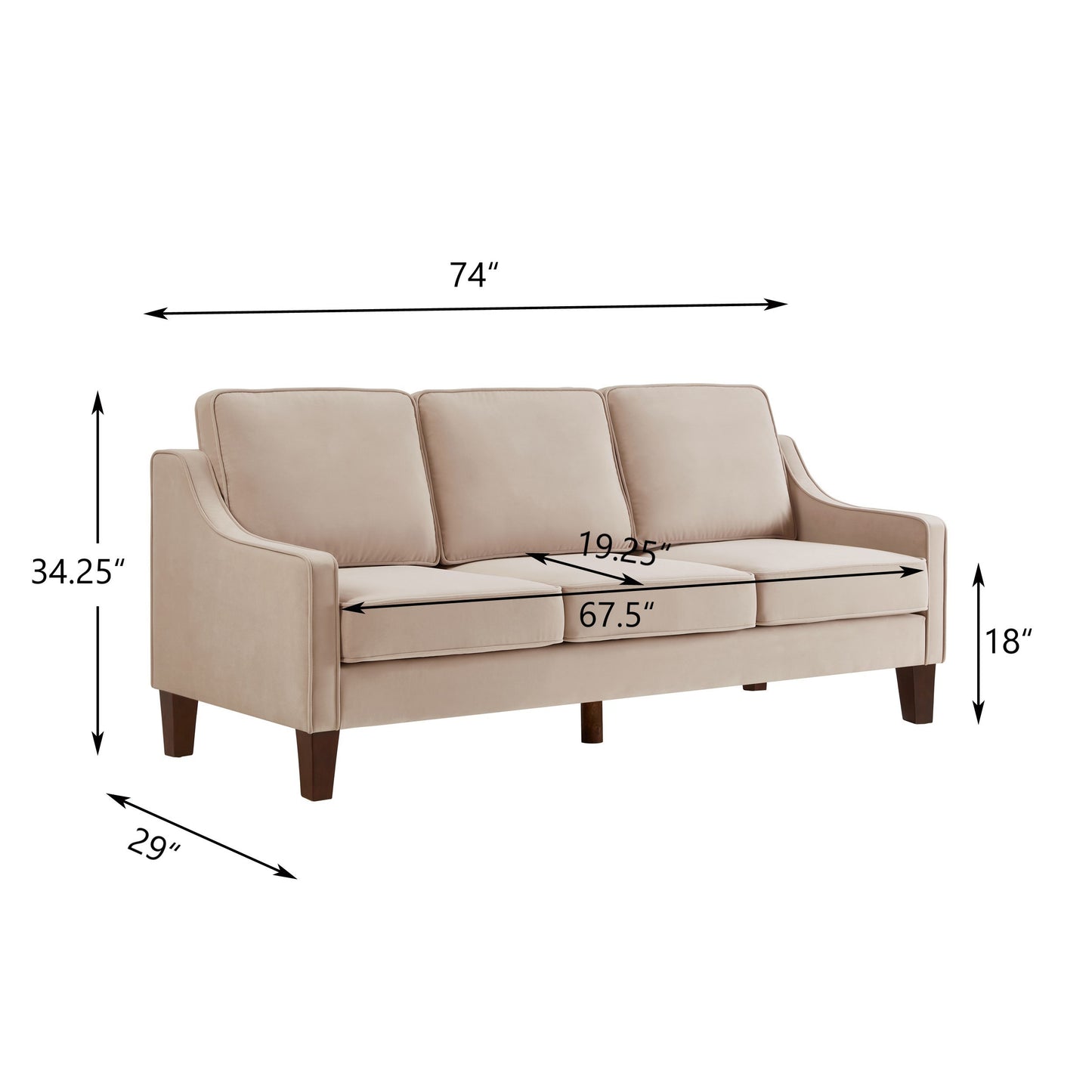 Modern 3 Piece seat Sofa Couch with Scooped Armrest/Wood legs,Upholstered Velvet 3-seat Sofa with Removable Cushions for Livingroom Bedroom,Taupe