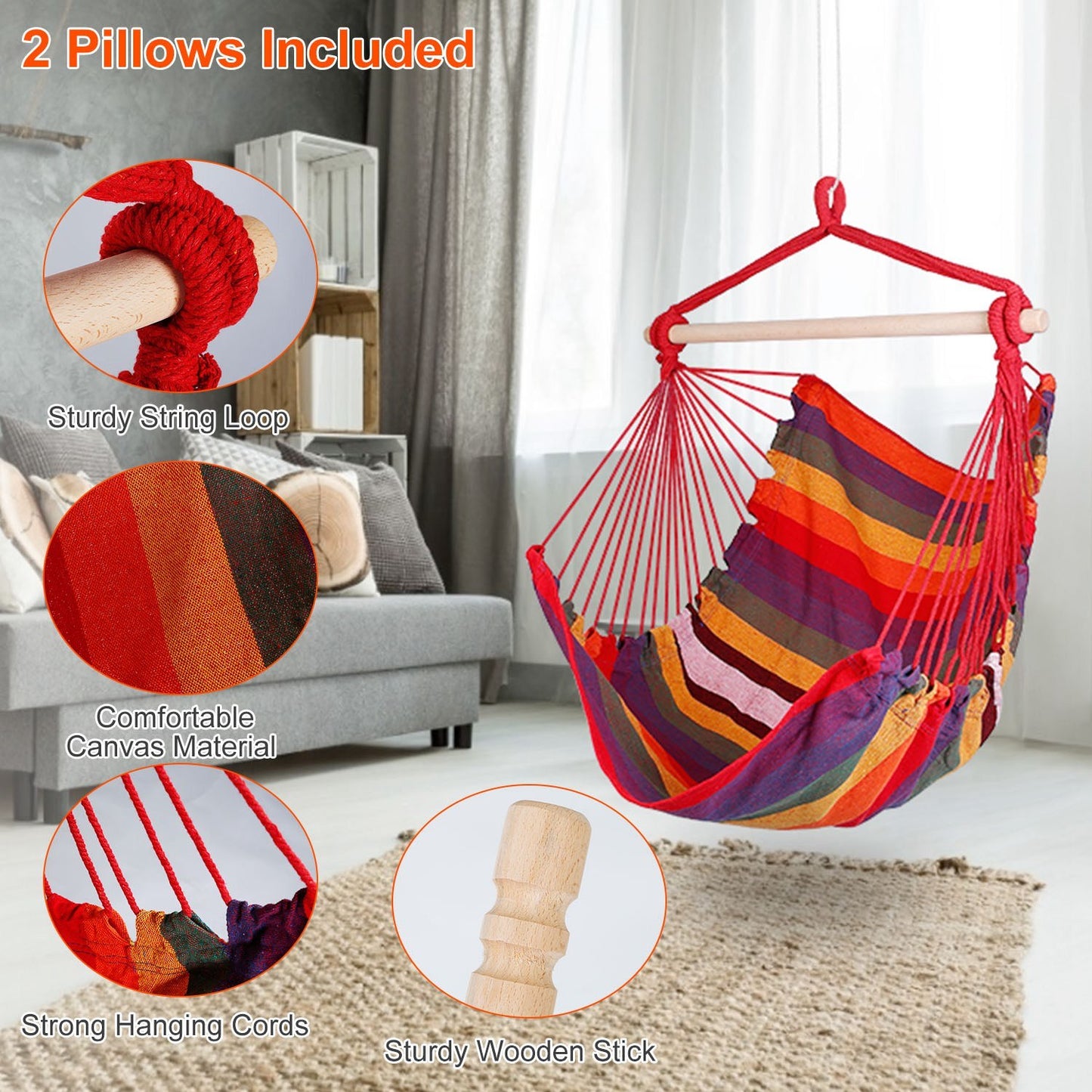 Hammock Hanging Chair Canvas Porch Patio Swing Seat Portable Camping Rope Seat